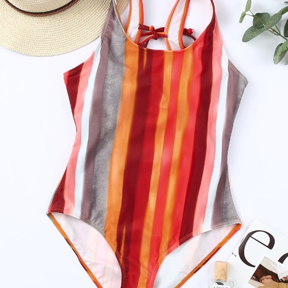 Multicolor Striped Color Block Bow Back Cut-out One-piece Swimsuit - Picture 10 of 14